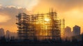Collapsed scaffolding at construction site at dawn . Royalty Free Stock Photo