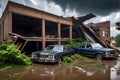 Collapsed Structures Succumbing to a Torrential Deluge: Water Violently Engulfing the Remnants of Urban Decay