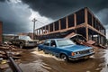 Collapsed Structures Succumbing to a Torrential Deluge: Water Violently Engulfing the Remnants of Urban Decay