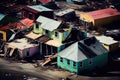 collapsed walls of houses and damaged roofs due to hurricane