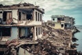 Collapsed Walls of Houses and Damaged Roofs Due to the Strongest Storm and Hurricane extreme closeup. Generative AI