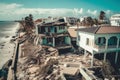 Collapsed Walls of Houses and Damaged Roofs Due to the Strongest Storm and Hurricane extreme closeup. Generative AI