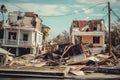 Collapsed Walls of Houses and Damaged Roofs Due to the Strongest Storm and Hurricane extreme closeup. Generative AI