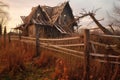 collapsed wooden house with a broken fence