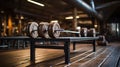 Collapsible dumbbells in the gym, equipment for sports and exercise. Spacious gym without people.