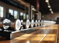 Collapsible dumbbells in the gym, equipment for sports and exercise. Spacious gym without people.