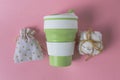 Collapsible silicone mug, mesh bag and reusable cotton discs set