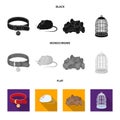 A collar, a forage, a toy, a cage and other products of the zoo store.Pet shop set collection icons in black, flat