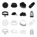 A collar, a forage, a toy, a cage and other products of the zoo store.Pet shop set collection icons in black,outline