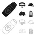 A collar, a forage, a toy, a cage and other products of the zoo store.Pet shop set collection icons in black,outline