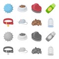 A collar, a forage, a toy, a cage and other products of the zoo store.Pet shop set collection icons in cartoon