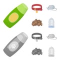 A collar, a forage, a toy, a cage and other products of the zoo store.Pet shop set collection icons in cartoon