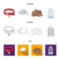 A collar, a forage, a toy, a cage and other products of the zoo store.Pet shop set collection icons in cartoon,outline