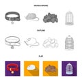 A collar, a forage, a toy, a cage and other products of the zoo store.Pet shop set collection icons in flat,outline