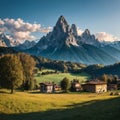 Colle Santa Lucia, Italy. Beautiful famous landscape with Chiesa di Colle Santa Lucia and Mount Pelmo. Belluno region,