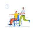 Colleague Rolling Person in Wheelchair around the Office. Business People Having Fun and Laugh. Male Characters Fooling Royalty Free Stock Photo