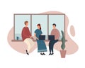 Colleagues coworking near window in workplace. Vector illustration