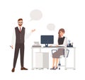 Colleagues or employees talking to each other. Male and female office workers or clerks standing and sitting in chair at Royalty Free Stock Photo