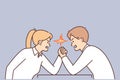 Colleagues are engaged in arm wrestling competing for good position or promising project for company