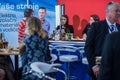 Colleagues having a drink attending the Amper event at the convention trade center in Brno. BVV Brno Exhibition center. Czech