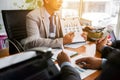 Colleagues male entrepreneurs in meeting room at creative office discussing accounting trade and experience about proud ceo in Royalty Free Stock Photo