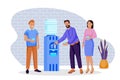 Colleagues talking and drinking water. Vector illustration. Group of people stands near water cooler in office Royalty Free Stock Photo