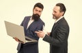 Colleagues work. Software technologies for accounting. Modern technologies. Man bearded manager show financial report