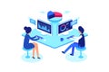 Colleagues working in workplace, isometric style, vector illustration