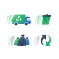 Collect rubbish, garbage removal green truck, fast service, waste bin and litter bags, recycle program