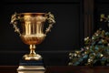 A collectable gold trophy rests elegantly on a wooden table, creating a stunning still life photography composition. The