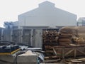 Collected area of used scrap cardboard paper and wood pallets from general waste management industry