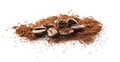 Collected coffee beans with coffee powder on white Royalty Free Stock Photo