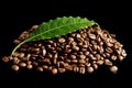 Collected coffee beans with leaf on black Royalty Free Stock Photo