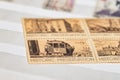 Collectible stamps featuring an old cable car in San Francisco