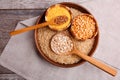 Collecting dry cereals. Buckwheat, rice, peas, oatmeal, wheat in a large brown plate. Royalty Free Stock Photo