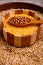 Collecting dry cereals. Buckwheat, rice, wheat in a large brown plate. Royalty Free Stock Photo