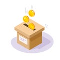 Collecting money box as crowdfunding fundraising icon 3d isometric vector, donate charity capital concept illustration graphics,
