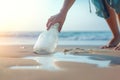 Collecting waste of plastic bottles on the beach to save the ocean. Volunteer collects hard-to-decompose garbage. Generative AI