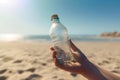 Collecting waste of plastic bottles on the beach to save the ocean. Volunteer collects hard-to-decompose garbage. Generative AI