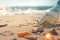 Collecting waste of plastic bottles on the beach to save the ocean. Volunteer collects hard-to-decompose garbage. Generative AI