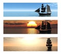 Collection of 3 banners with ships at sea.