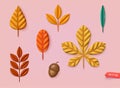 Collection of 3d multicolored fallen autumn leaves isolated on white background. 3D Vector Web llustrations Royalty Free Stock Photo