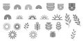 Minimalist boho vector set of suns rainbows and botanical leaf line art elements Royalty Free Stock Photo