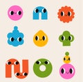 Collection of abstract funny Geometric shapes with happy faces. cartoon characters. Positive and cute creatures vector set