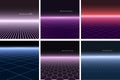 Collection of abstract futuristic backgrounds with vision perspective - retro 1980s style. Digital design 80-90s.