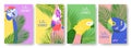 Collection of abstract hello summer background with parrots palm leaves in bright colors. Tropical hand drawn posters set Royalty Free Stock Photo
