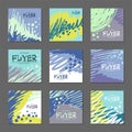 Collection of abstract postcards blue tones for your design. Hand-drawn illustration