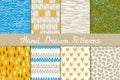 Collection of abstract seamless patterns drawn in ink. White, yellow, beige, blue, green. Hand drawn. Royalty Free Stock Photo