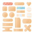 Collection of adhesive bandages, plasters or patches isolated on white background. Bundle of medical dressings of