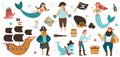 Collection of adorable pirates, sail ship, mermaids and underwater creatures isolated. Childish vector illustration in Royalty Free Stock Photo